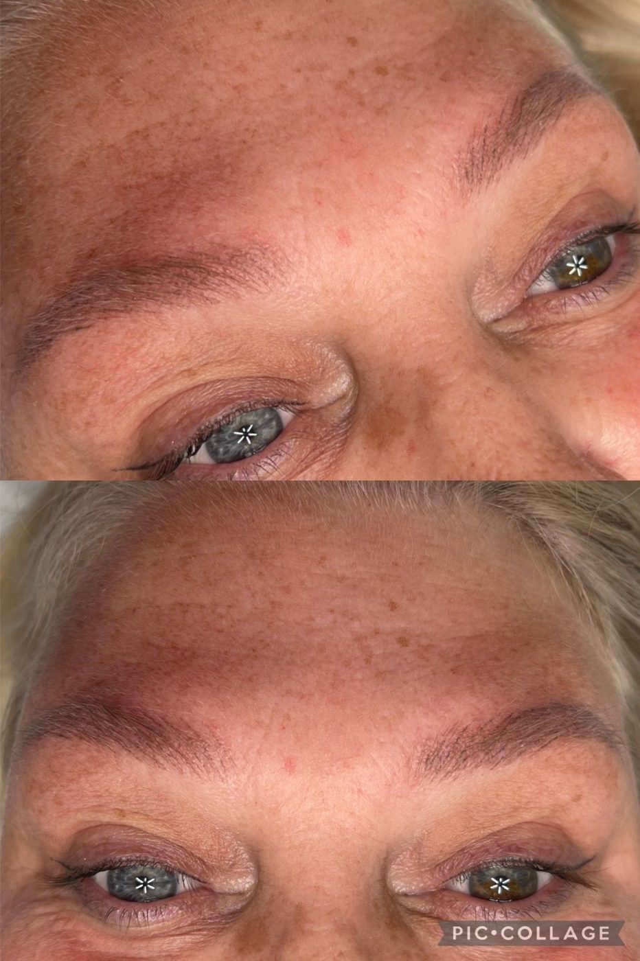 A before and after picture of a woman 's eyebrows.