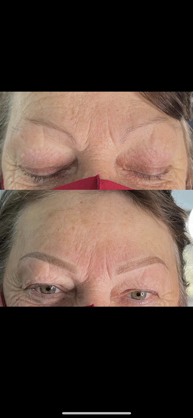A before and after picture of a woman 's eyebrows.